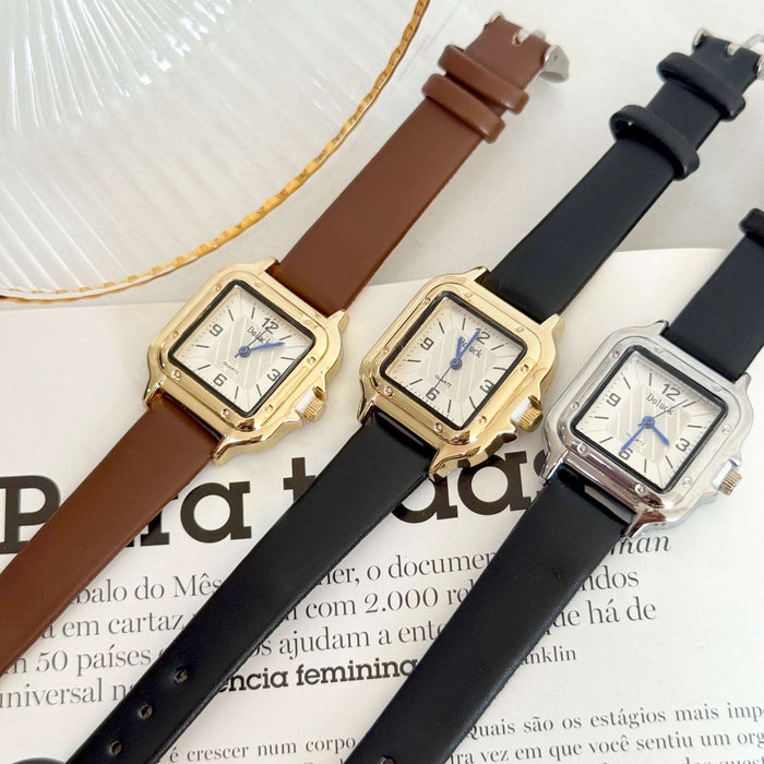 Relógio Luvre Quadrado com Pulseira em Couro