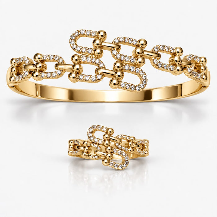 Kit Bracelete e Anel Ajustável Tiff com Zirconias Cravejadas Folheado