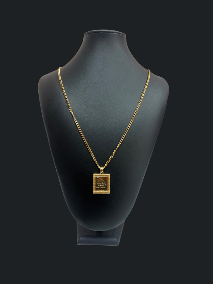 Corrente Grumet Masculina com placa dois lados versículo ''Tudo posso naquele que me fortalece'' Semi jóia