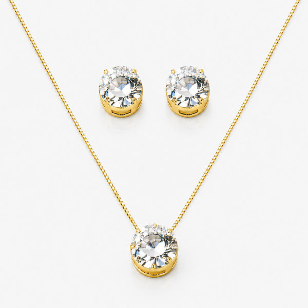 Conjunto Ponto de Luz com Zircônia Redonda Cravejada Semi Joia (Dourado e Prata)