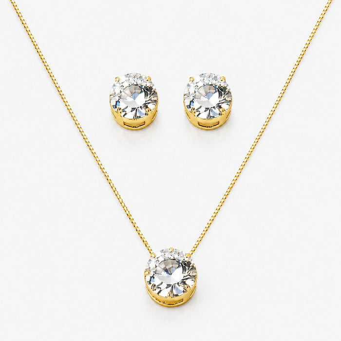 Conjunto Ponto de Luz com Zircônia Redonda Cravejada Semi Joia (Dourado e Prata)