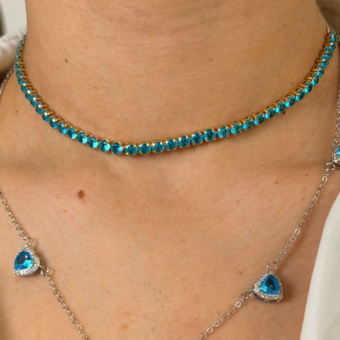 Colar Choker Riviera Azul Semi Joia Dourada