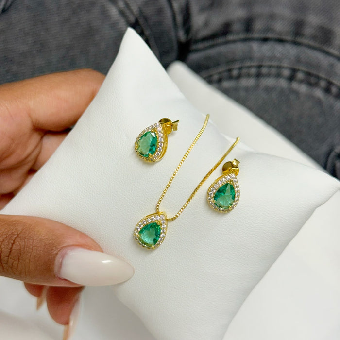 Conjunto Gota Verde Cravejado Semi Joia