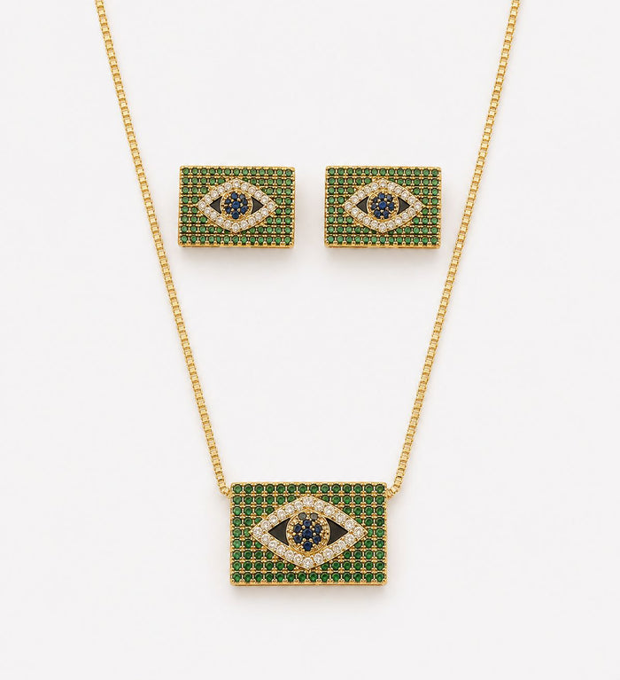 Conjunto Brasil com Zircônia Cravejadas Semi Joia