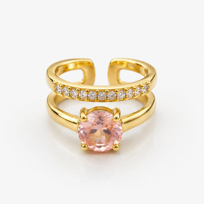 Anel Duplo Solitário com Zircônias Cravejadas Rosa Semi Joia