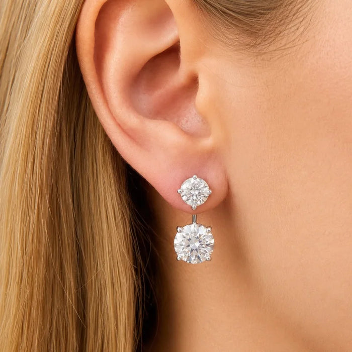 Brinco Ear Jacket Pontos de Luz 8mm e 12mm Dois em Um Semi Joia Prata