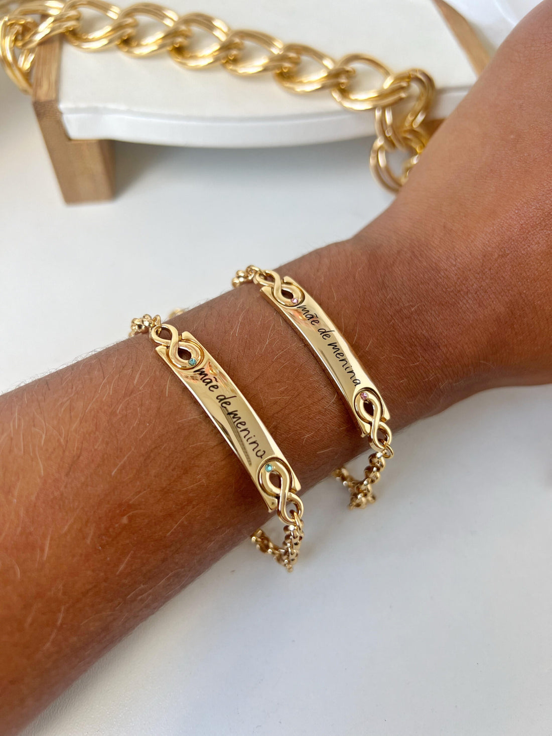 Pul05 Pulseira Mãe de Menino/Menina Amor Infinito Semi Jóia