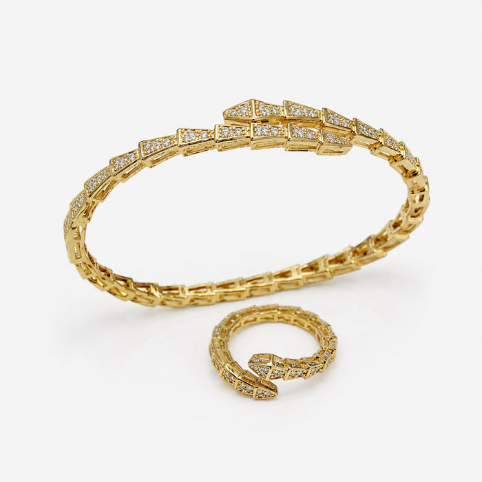 Kit Bracelete e Anel Ajustável Cobra com Zircônias Cravejadas Semi Joia