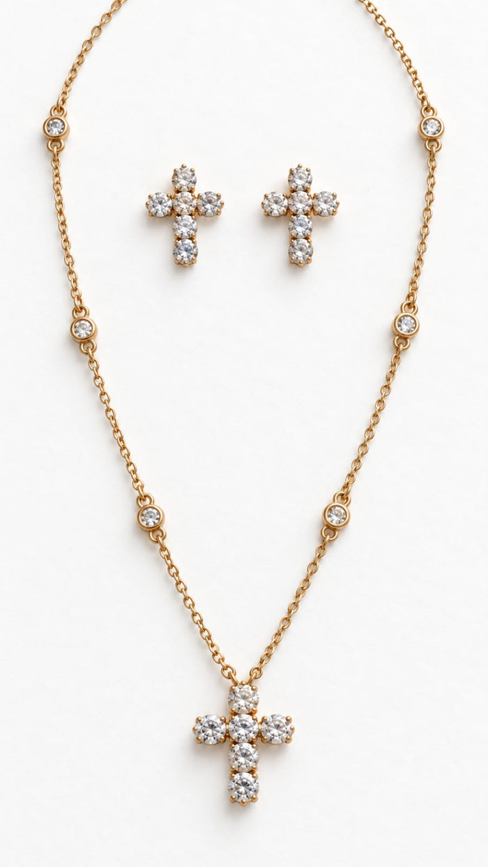 Conjunto Cruz Diamond com Zircônias Cravejadas Folheado
