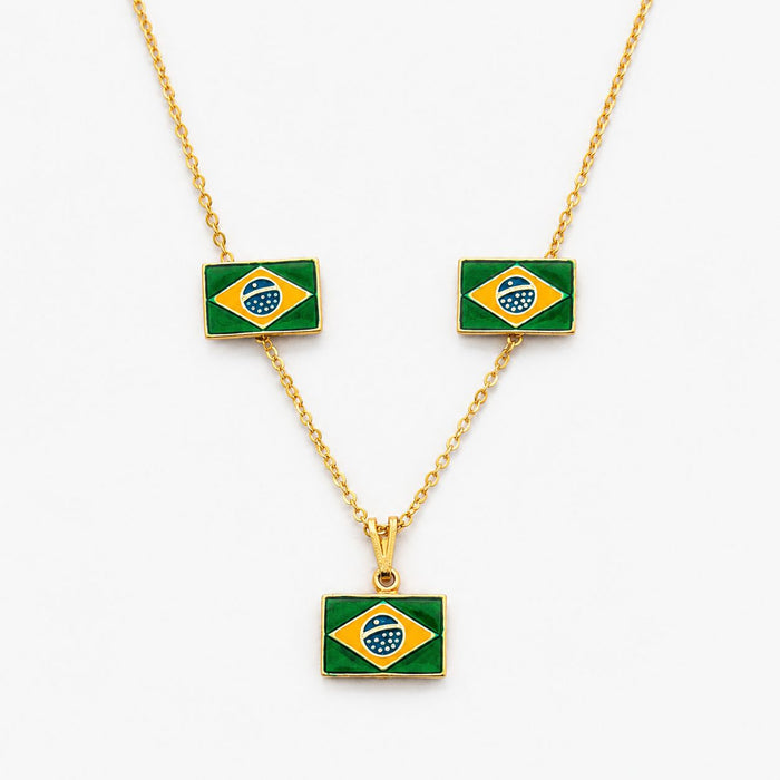 Conjunto Colar e Brinco do Brasil Semi Joia Dourado