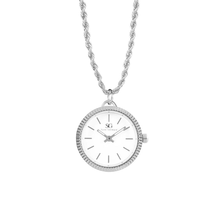 Colar Relógio Feminino Redondo Prata Elegante