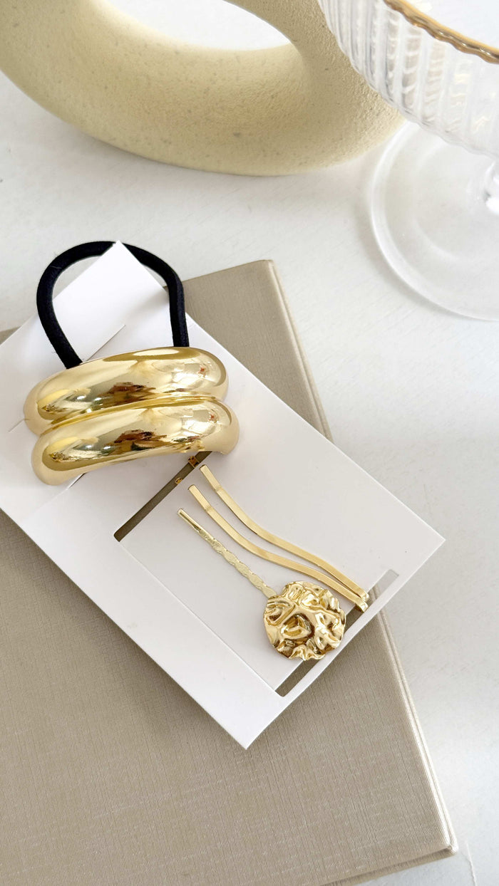 Kit Acessórios Cabelo Moderno Elástico + Presilhas Texturizadas Dourado ou Prateado