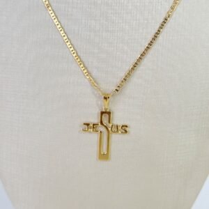 Colar Masculino Com Pingente Cruz Jesus em Semi Joia Banhado á OURO - Imagem 2