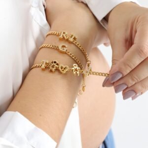 PUL252 Pulseira Filho + Inicial Gold Love em Semi Joia Banhado á OURO - Imagem 3