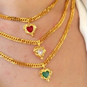 Colar Elo Duplo com Coração em Pedra Semi jóia Banhado á Ouro 18k - Imagem 1
