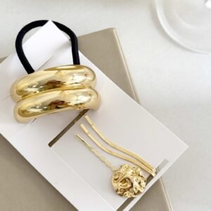 Kit Acessórios Cabelo Moderno Elástico + Presilhas Texturizadas Dourado ou Prateado - Imagem 1