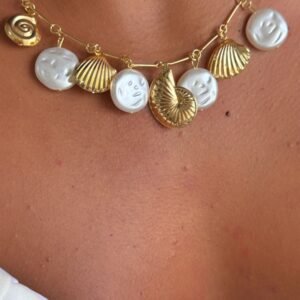 Colar Choker Concha Com Pérola Folheado á OURO18k - Imagem 1