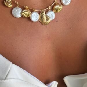 Colar Choker Concha Com Pérola Folheado á OURO18k - Imagem 2