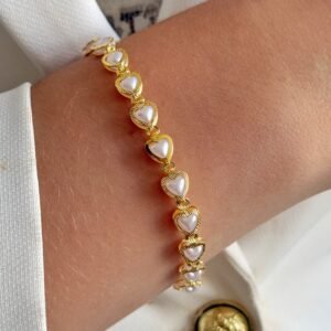 PUL227 Pulseira Corações Madre Pérola Folheado á OURO18k