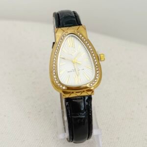 Relógio Feminino Folheado a Ouro com Zircônias e Pulseira de Couro Preto Design Assimétrico - Imagem 2