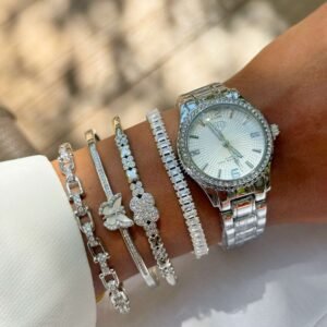Relógio Prata Lux Feminino à Prova d’Água com Zircônias Cravejadas