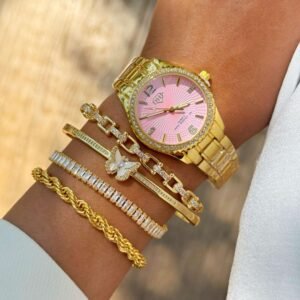Relógio Gold com Fundo Rosé lux Feminino à Prova d’Água com Zircônia Cravejadas - Imagem 1